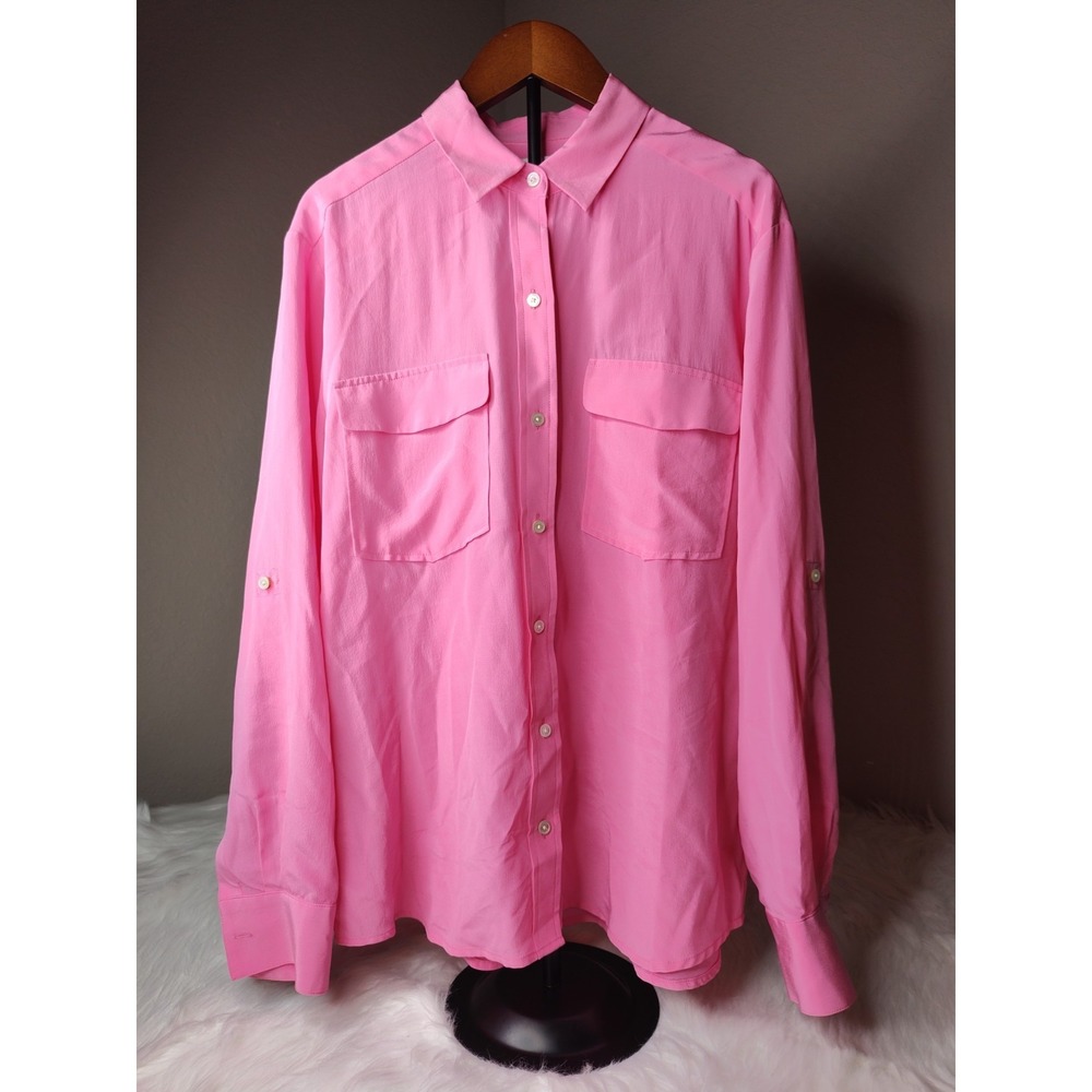 Tommy Bahama Button Down Shirt Womens Small Pink Silk Roll Tab Sleeve Pocket
